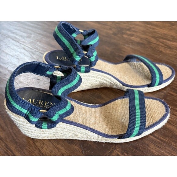 Lauren Ralph Lauren Women’s Wedge Sandals 8.5B Green Navy Strap Ankle 3” Preppy - Picture 1 of 10